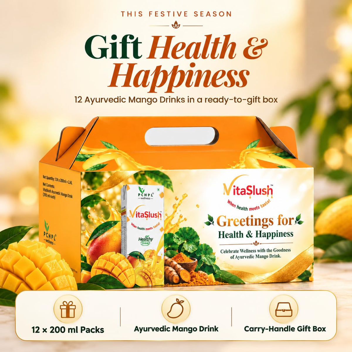 VitaSlush Ayurvedic Mango Drink Festive Gift Box – 12 x 200 ml