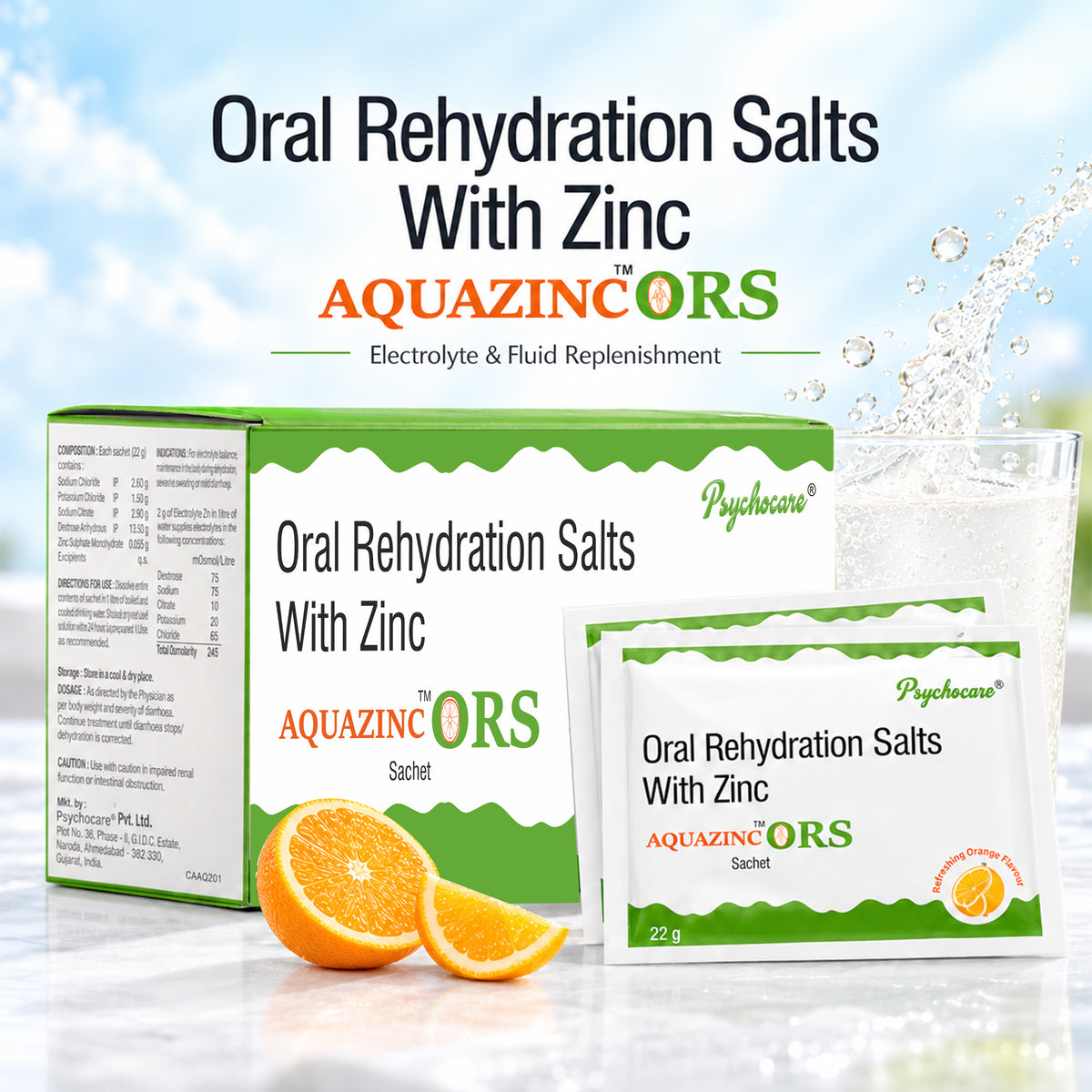 Aquazinc ORS Powder with Zinc- 22g (24 Sachets)