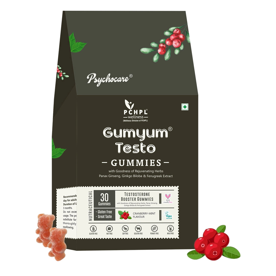 Gumyum Testo Gummies - 30 Testosterone Booster Gummies with Panax Ginseng, Ginkgo Biloba & Fenugreek Extract (Cranberry-Mint Flavour) - Sehatokart